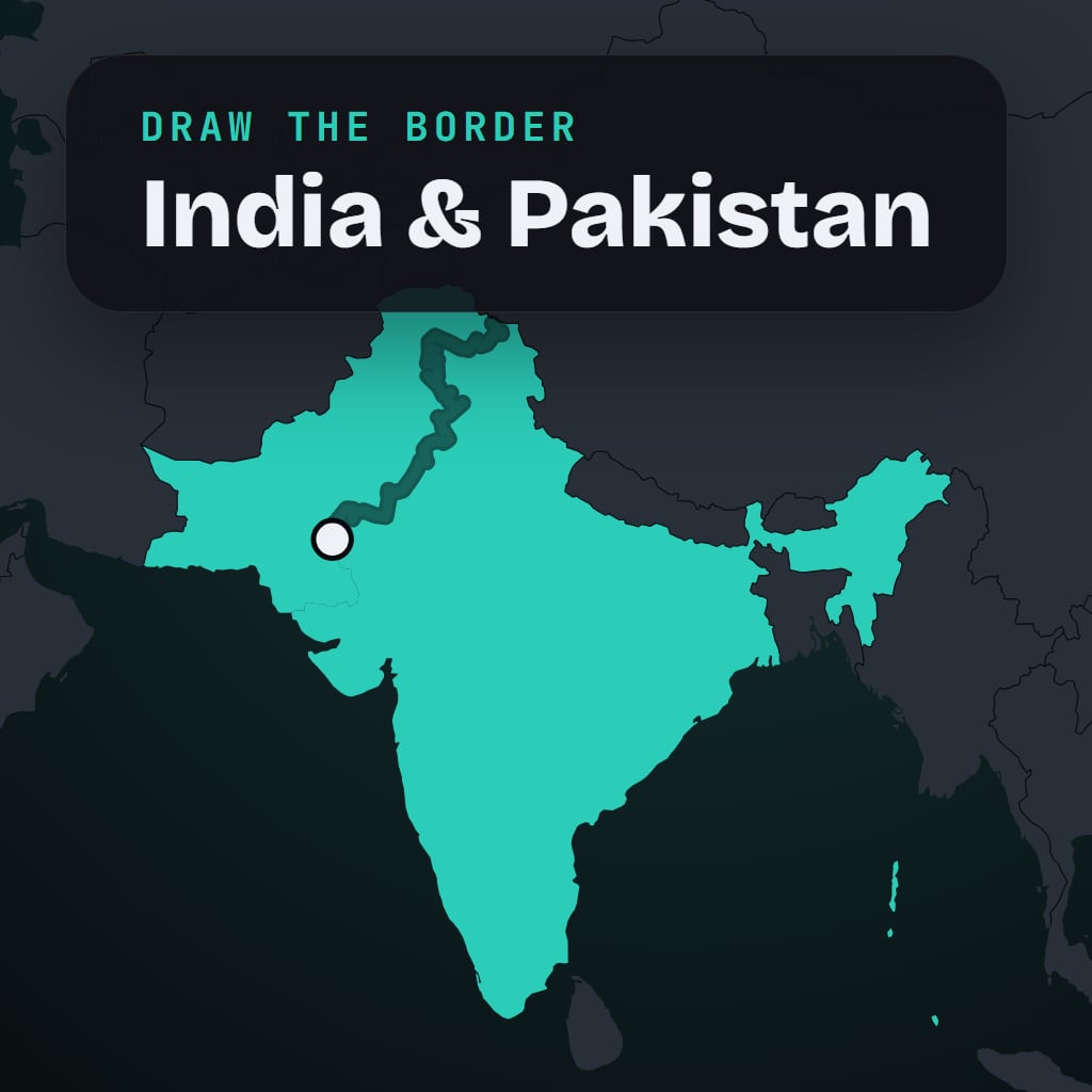 Draw the Border cover art: India and Pakistan lit gold as one shape, with the border between them traced in teal