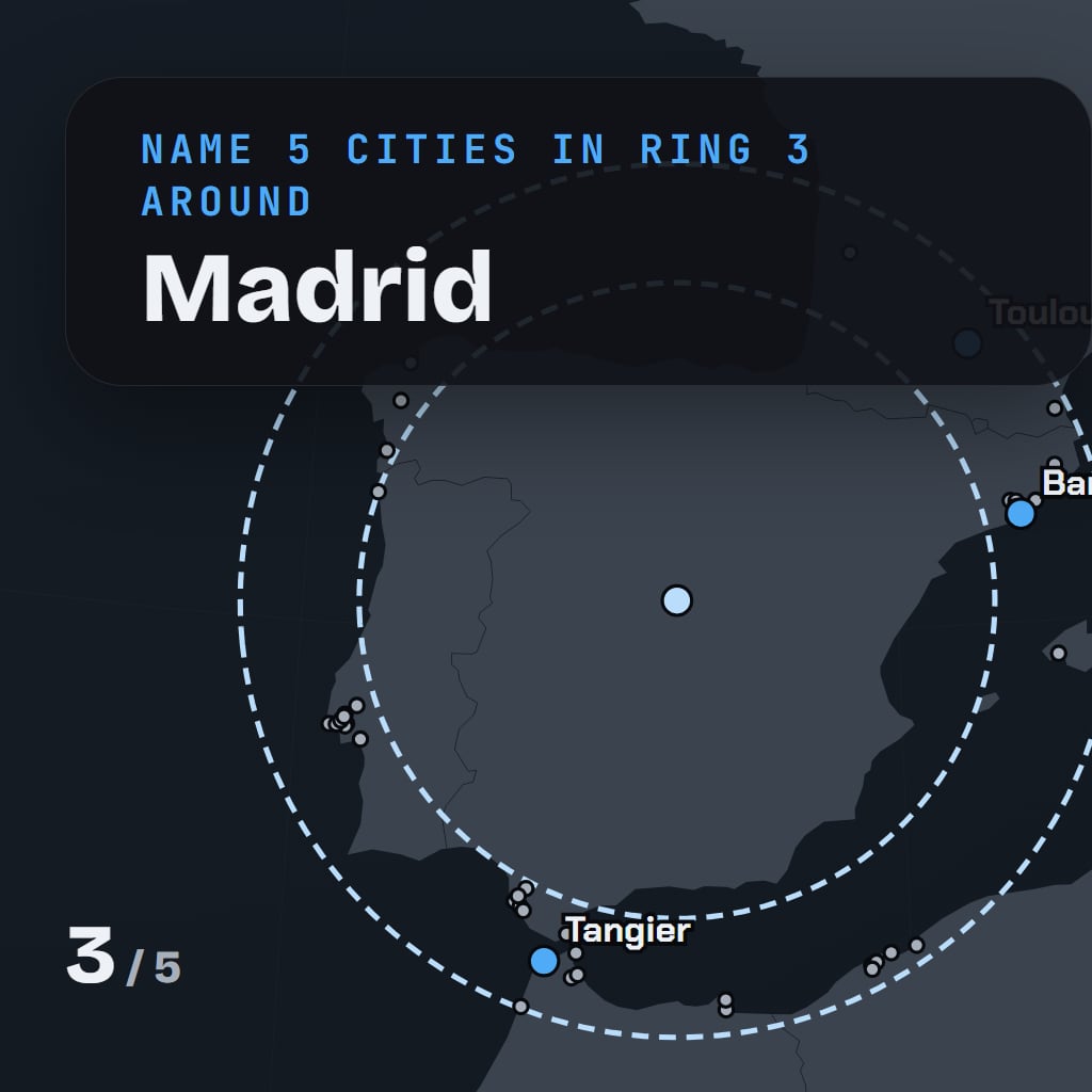 Five Cities a Ring cover art: a globe centred on Madrid with a dashed ring around it and its cities as dots, Barcelona, Tangier and Toulouse named, and the count three of five