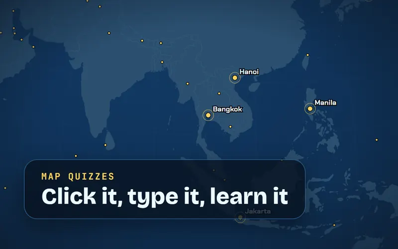 The map quizzes on Geocore. Cover art. A quiz map of Southeast Asia with capital cities marked, and the words: Map quizzes, click it, type it, learn it