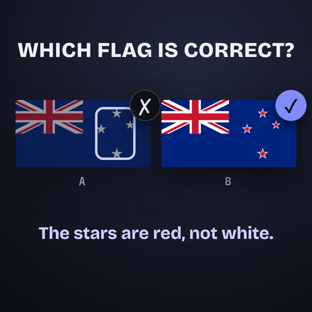 Which Flag Is Correct? cover art: New Zealand's real flag beside a copy with its stars changed, the real one ticked