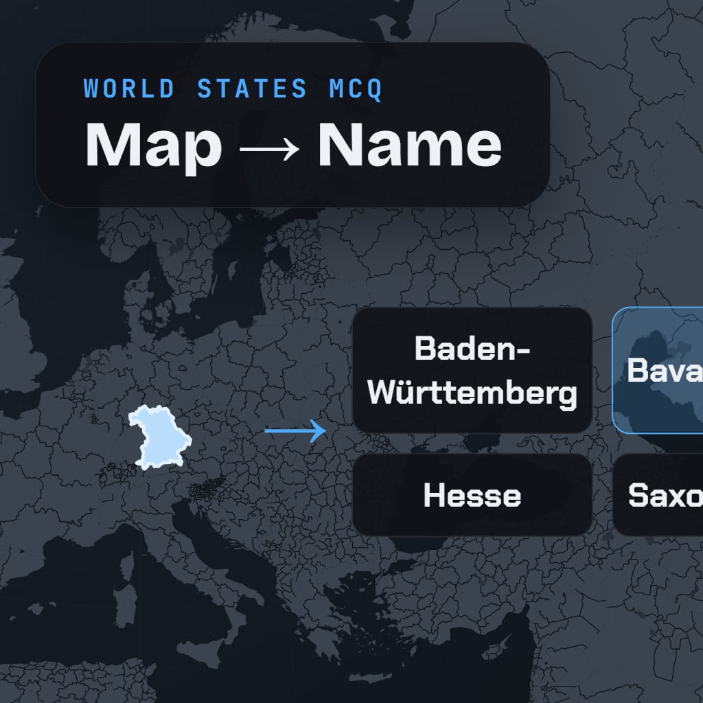 World States MCQ cover art: a globe over Europe drawn as every country's states and provinces, Bavaria lit, beside four German states — Baden-Württemberg, Bavaria, Hesse and Saxony — Bavaria ringed
